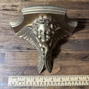 Vintage 7 x 8 × 5 Victorian Style Chalkware Cherub Angel Gold Wall Shelf Scone